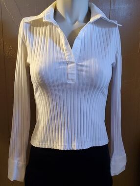 Forever 21 White Ribbed Long-Sleeve Polo Top